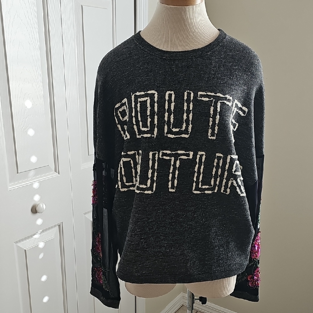 Animale Gray Sweater With Sheer Bling Sleeves(sequins) Oversized P